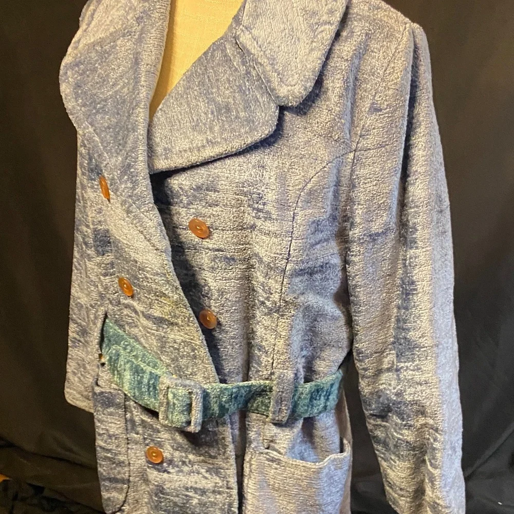 Textured Blue Belted Coat - Picture 8 of 11